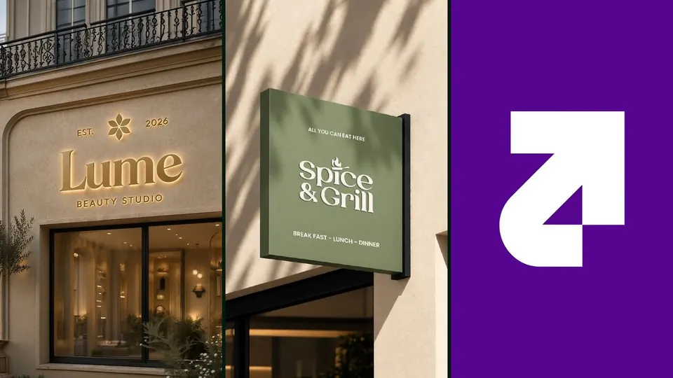 Three identities by Digital Lineup: the Lume Beauty Studio shop front, the Spice & Grill hanging sign and the Capxa arrow mark