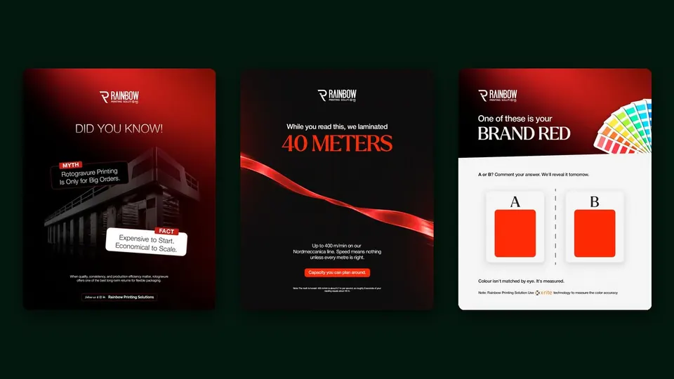 Three LinkedIn posts Digital Lineup designed for Rainbow Printing Solutions: a packaging myth, a 40 meters lamination post and a brand red colour quiz