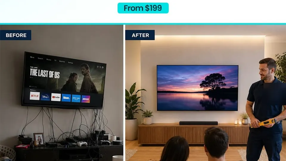 Before and after Meta ad for a Perth TV mounting service, client branding blurred