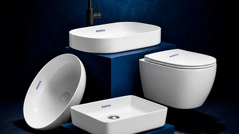 Hamid Enterprises sanitaryware photographed by Digital Lineup: a basin, a vessel sink and a wall-hung commode on a deep blue plinth