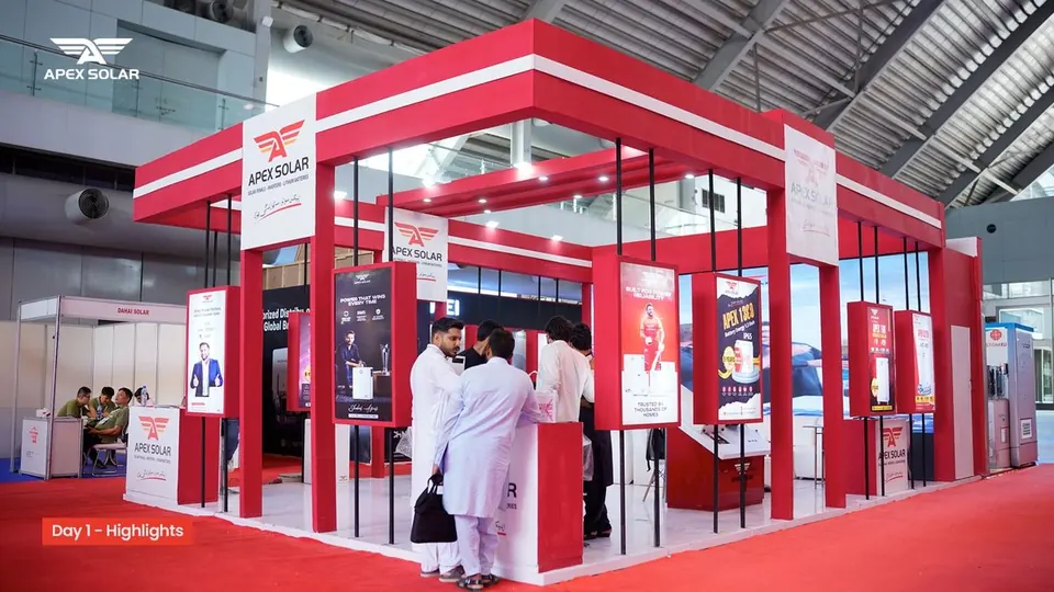 Apex Solar's red exhibition booth at the Lahore Solar Expo 2026, photographed by Digital Lineup