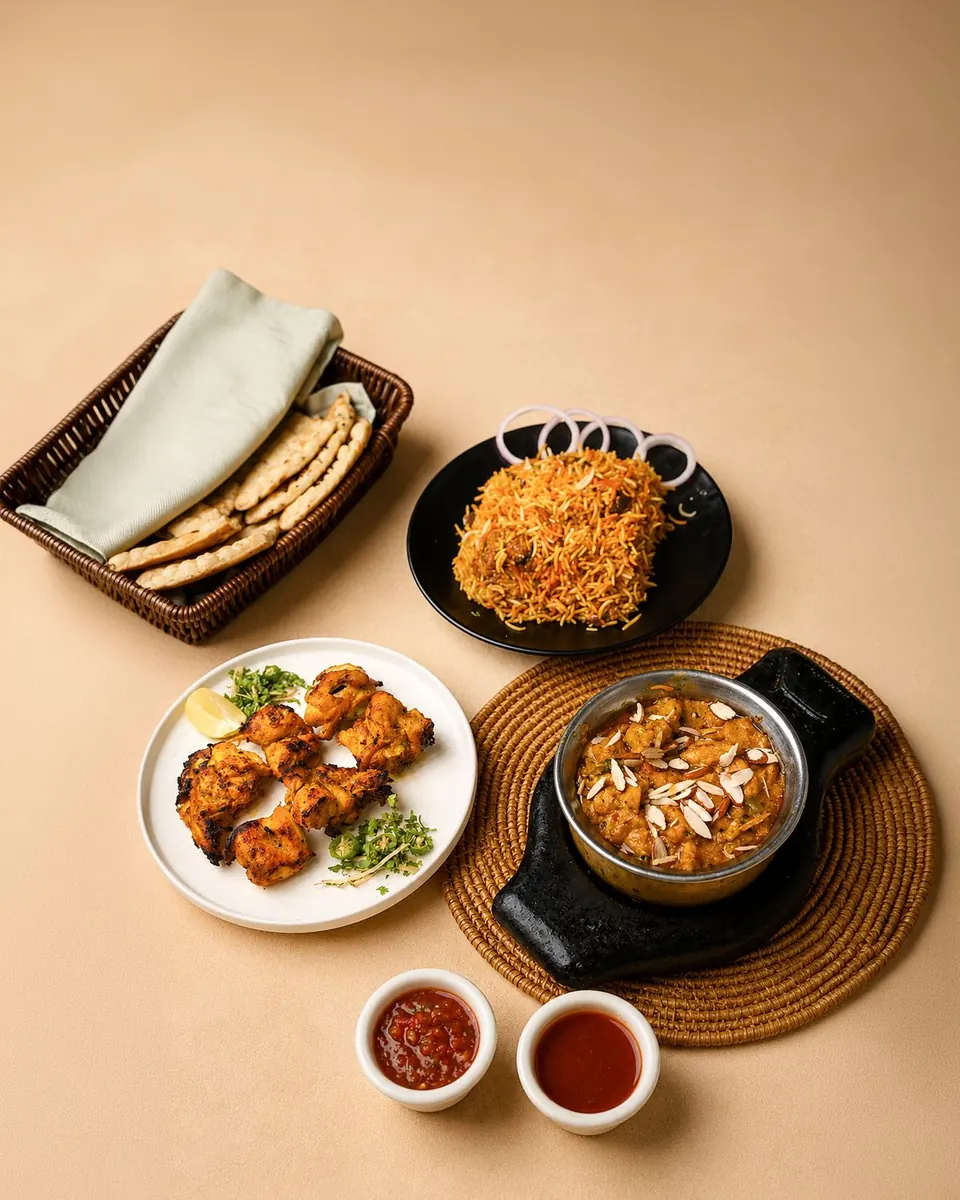 Dinner spread with dips